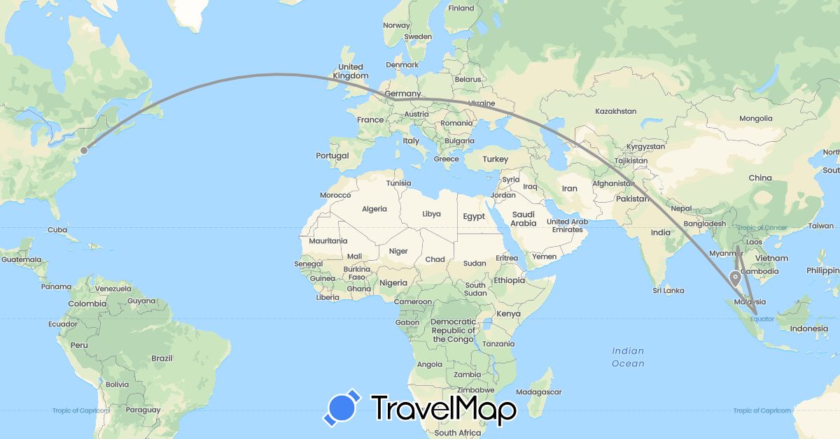 TravelMap itinerary: driving, plane in Germany, Singapore, Thailand, United States (Asia, Europe, North America)